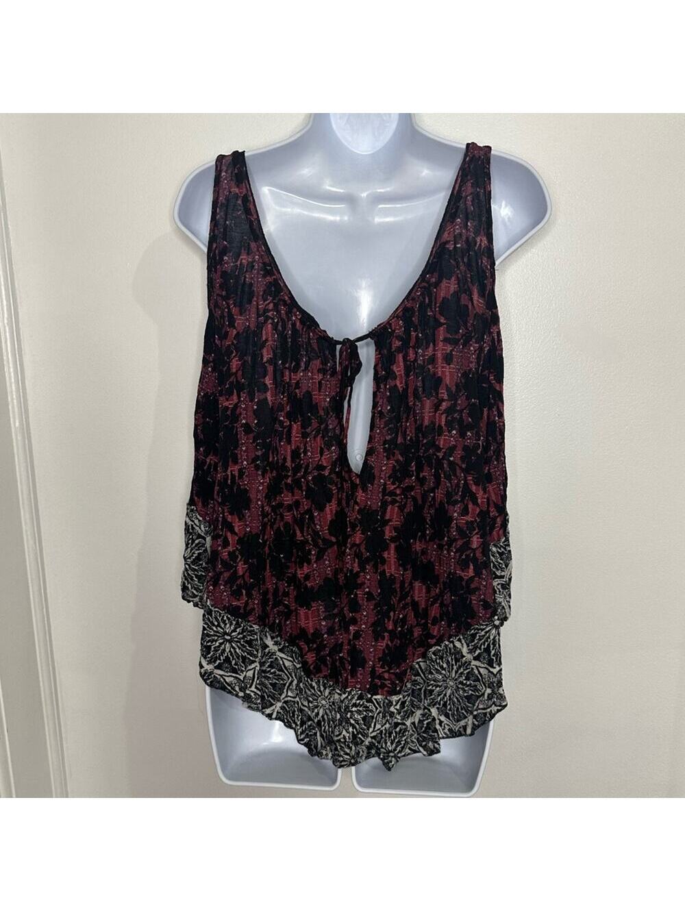 Free People Chloe Cold Shoulder Blouse in Cherry Combo - Boho Floral 3/4 Small - Picture 8 of 9